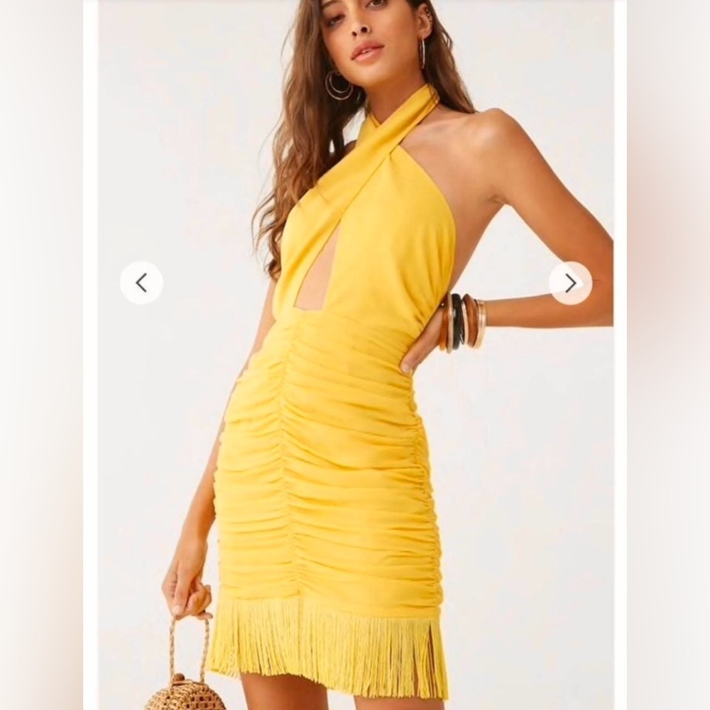 Forever 21 BELEARIC BEACH L Halter Ruched Fringe Trim Yellow Minidress Large